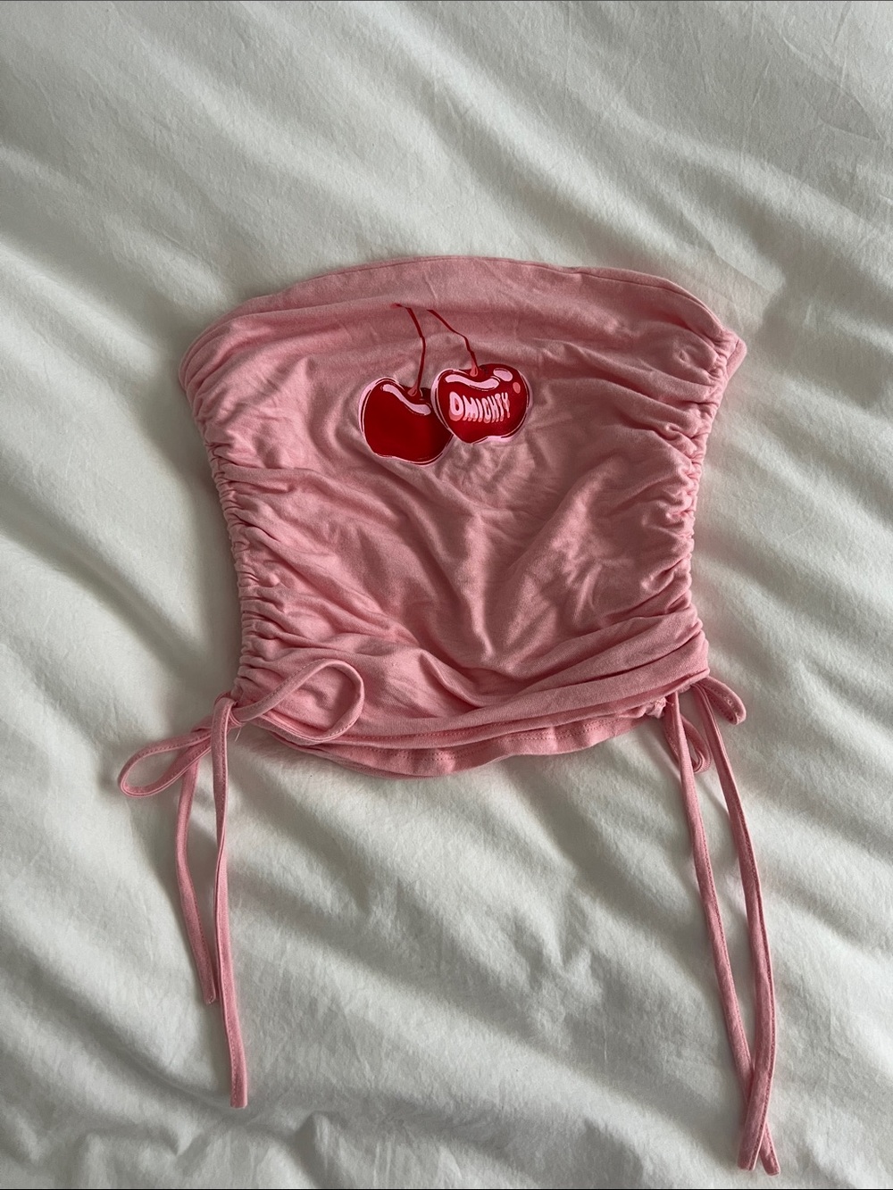 Pink Ruched Tube Top with Cherries- omighty